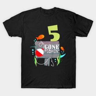 Kids 5th Birthday Fisherman Shirt Gone Fishin Gift for Boy Girl T-Shirt